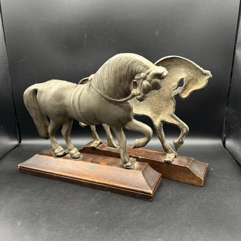 VTG 9" x 12" Metal Flat Back Horse Statue Figurine Doorstop Brass WoodBase Heavy